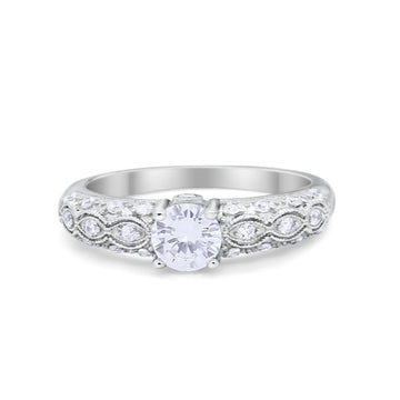 Art Deco Engagement Bridal Ring Round Simulated CZ 925 Sterling Silver